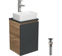 Комплект для ванной Bauedge 4 предмета (тумба Bau 40, графит + раковина BAU Hotel mini 37x23 + смеситель Hotel Still, выпуск клик-клак, черный) BD1932