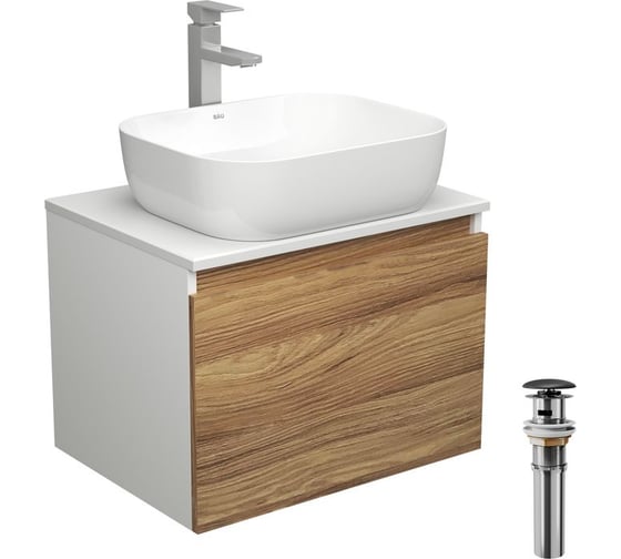 Комплект для ванной Bauedge 4 предмета (тумба Bau Dream 60 + раковина BAU Stil 50х40, белая + смеситель Hotel Still, выпуск клик-клак, черный) BD1625 1