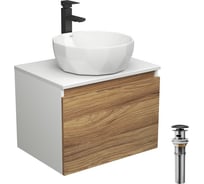 Комплект для ванной Bauedge 4 предмета (тумба Bau Dream 60 + раковина на столешницу BAU D40, белая + смеситель Hotel Black, выпуск клик-клак, черный) BD1728