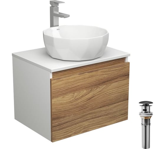 Комплект для ванной Bauedge 4 предмета (тумба Bau Dream 60 + раковина на столешницу BAU D40, белая + смеситель Hotel Still, выпуск клик-клак, черный) BD1725 1