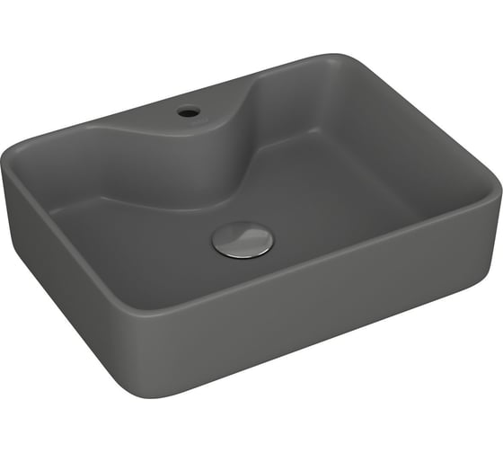 Раковина прямоугольная накладная Bauedge BAU Cerama 48x37, с отверстием под смеситель, темно-серая матовая + выпуск клик-клак, хром YBD2543