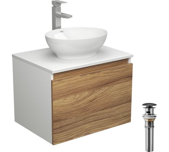 Комплект для ванной Bauedge 4 предмета (тумба Bau Dream 60 + раковина овальная BAU 41x33, белая + смеситель Hotel Still, выпуск клик-клак, черный) BD1705 1