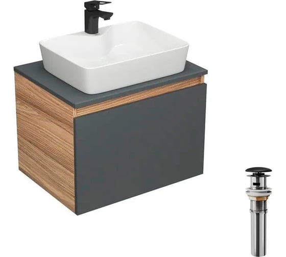 Комплект для ванной Bauedge 4 предмета (тумба Bau Dream 60 графит + раковина BAU 48x37, с отв. под смеситель + смеситель Cerama Black, выпуск клик-клак, черн BD2353 1
