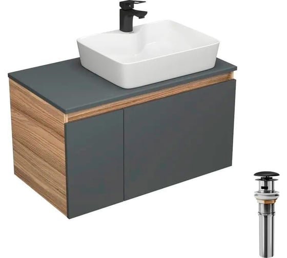 Комплект для ванной Bauedge 4 предмета (тумба Bau Dream 80 графит + раковина BAU 48x37, с отв. под смеситель + смеситель Cerama Black, выпуск клик-клак, черн BD2357 1