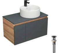 Комплект для ванной Bauedge 4 предмета (тумба Bau Dream 80 графит + раковина BAU D40, с отв. под смеситель + смеситель Cerama Black, выпуск клик-клак, черный BD2355