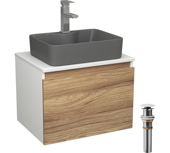Комплект Bauedge тумба Bau Dream Blackwood 60, 1 ящик, раковина BAU Cerama 48x37, темно-серая, смеситель Hotel Stil, нерж. сталь, выпуск клик клак белый BD2817
