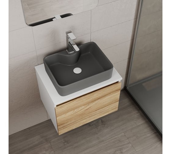 Комплект Bauedge тумба Bau Dream Blackwood 60, 1 ящик, раковина BAU Cerama 48x37, темно-серая, смеситель Hotel Stil, нерж. сталь, выпуск клик клак белый BD2817