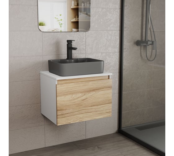 Комплект Bauedge тумба Bau Dream Blackwood 60, 1 ящик, раковина BAU Cerama 48х37, темно-серая, смеситель Hotel Black, черный матовый BD2810