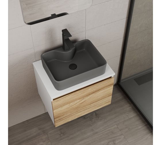 Комплект Bauedge тумба Bau Dream Blackwood 60, 1 ящик, раковина BAU Cerama 48х37, темно-серая, смеситель Hotel Black, черный матовый, выпуск клик клак черный BD2818