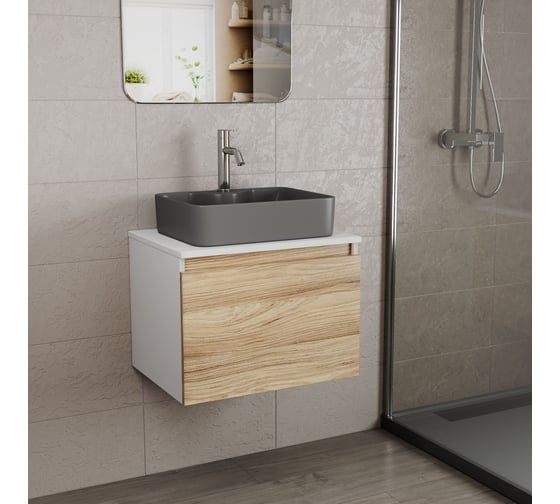 Комплект Bauedge тумба Bau Dream Blackwood 60, 1 ящик, раковина BAU Cerama 48х37, темно-серая, смеситель Hotel Dream, нерж. сталь BD2811