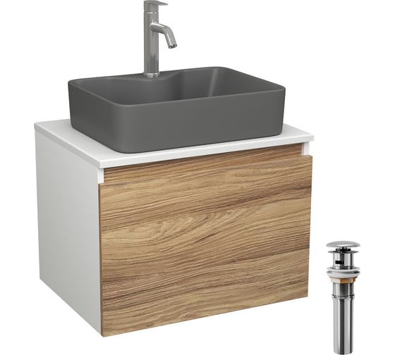 Комплект Bauedge тумба Bau Dream Blackwood 60, 1 ящик, раковина BAU Cerama 48х37, темно-серая, смеситель Hotel Dream, нерж. сталь, выпуск клик клак хром BD2819 1