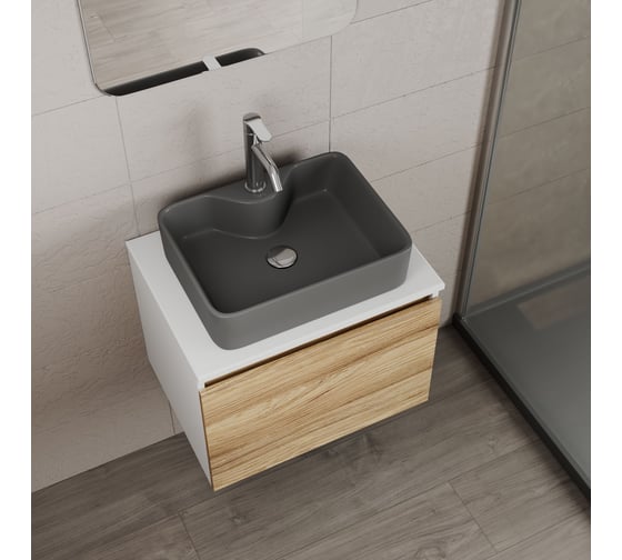 Комплект Bauedge тумба Bau Dream Blackwood 60, 1 ящик, раковина BAU Cerama 48х37, темно-серая, смеситель Hotel Dream, нерж. сталь, выпуск клик клак хром BD2819