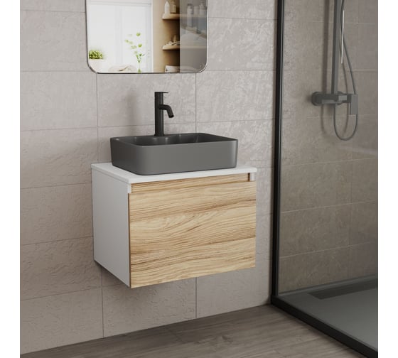 Комплект Bauedge тумба Bau Dream Blackwood 60, 1 ящик, раковина BAU Cerama 48х37, темно-серая, смеситель Hotel Dream Black, черный матовый BD2812
