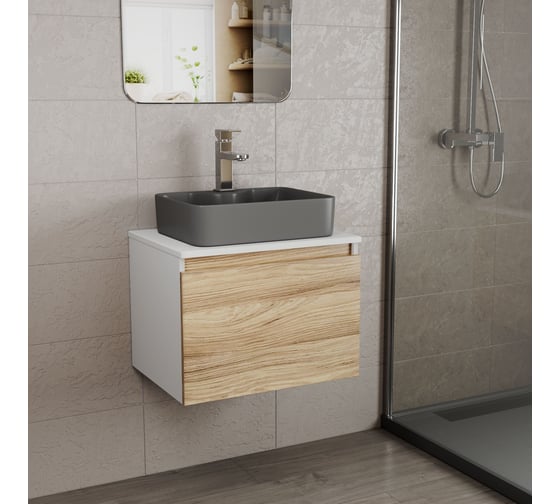 Комплект Bauedge тумба Bau Dream Blackwood 60, 1 ящик, раковина BAU Cerama 48х37, темно-серая, смеситель Hotel Stil, нерж. сталь BD2809