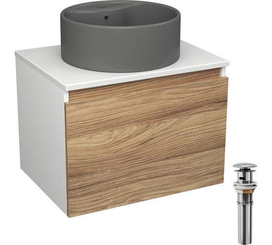 Комплект Bauedge тумба Bau Dream Blackwood 60, 1 ящик, раковина круглая BAU Element D41, темно-серая, выпуск клик клак хром BD2801