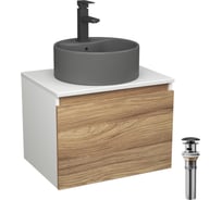 Комплект Bauedge тумба Bau Dream Blackwood 60, 1 ящик, раковина круглая BAU Element D41, темно-серая, смеситель Hotel Black, черный матовый, выпуск клик клак BD2804