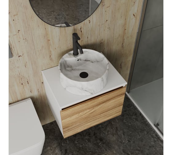 Комплект Bauedge тумба Bau Dream Blackwood 60, 1 ящик, раковина круглая накладная BAU Element D41, мрамор, смеситель Hotel Dream, черный выпуск клик клак чер BD2968