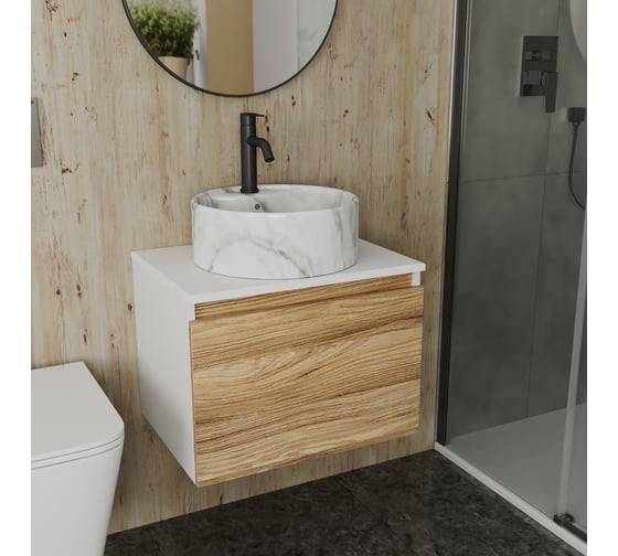 Комплект Bauedge тумба Bau Dream Blackwood 60, 1 ящик, раковина круглая накладная BAU Element D41, мрамор, смеситель Hotel Dream Black, черный матовый BD2959