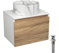 Комплект Bauedge тумба Bau Dream Blackwood 60, 1 ящик, раковина круглая накладная BAU Element D41, мрамор, выпуск клик клак хром BD2962
