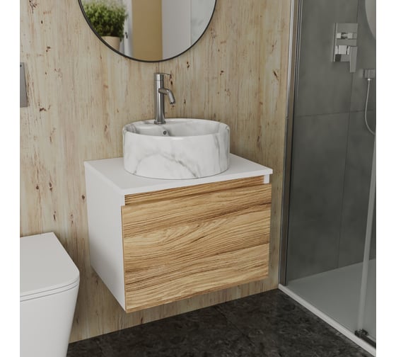 Комплект Bauedge тумба Bau Dream Blackwood 60, 1 ящик, раковина круглая накладная BAU Element D41, мрамор, смеситель Hotel Dream, нерж. сталь BD2958