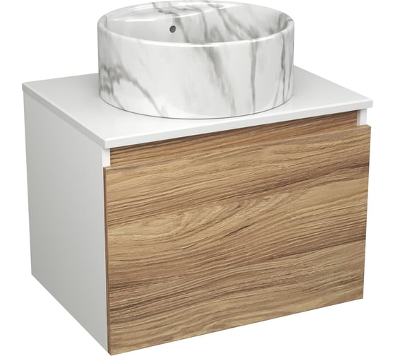 Комплект Bauedge тумба Bau Dream Blackwood 60, 1 ящик, раковина круглая накладная BAU Element D41 с отверстием под смеситель, мрамор BD2955