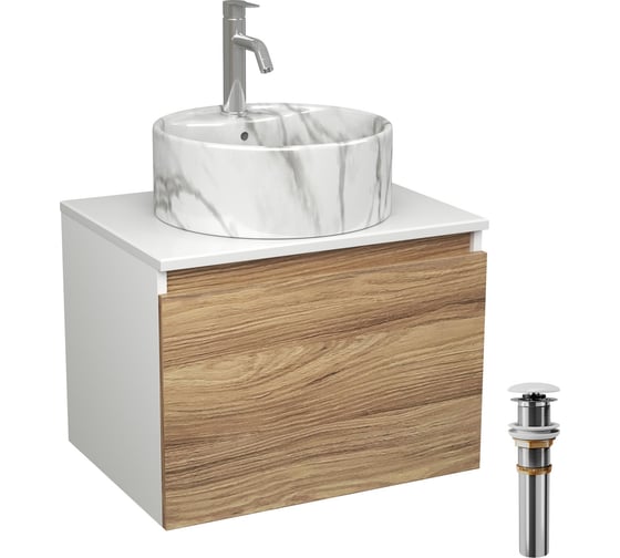 Комплект Bauedge тумба Bau Dream Blackwood 60, 1 ящик, раковина круглая накладная BAU Element D41, мрамор, смеситель Hotel Dream, нерж. сталь, выпуск клик кла BD2967 1