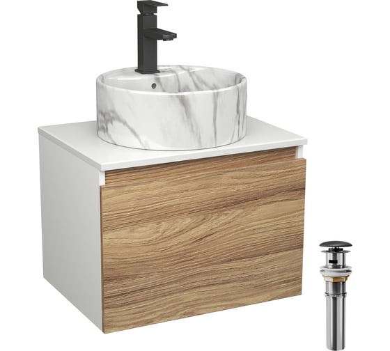 Комплект Bauedge тумба Bau Dream Blackwood 60, 1 ящик, раковина круглая накладная BAU Element D41, мрамор, смеситель Hotel Black, черный матовый, выпуск клик BD2965