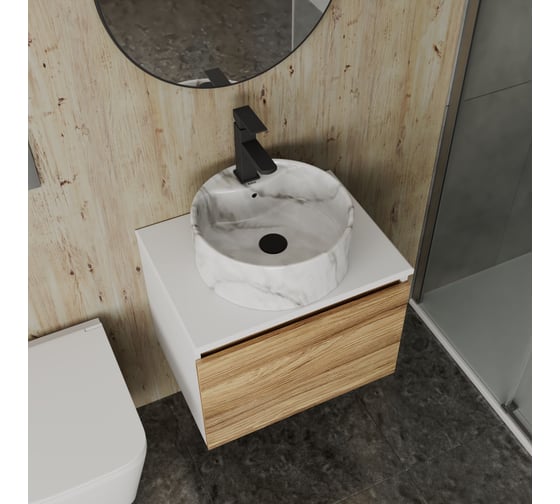 Комплект Bauedge тумба Bau Dream Blackwood 60, 1 ящик, раковина круглая накладная BAU Element D41, мрамор, смеситель Hotel Black, черный матовый, выпуск клик BD2965
