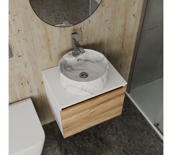 Комплект Bauedge тумба Bau Dream Blackwood 60, 1 ящик, раковина круглая накладная BAU Element D41, мрамор, смеситель Hotel Stil, нерж. сталь, выпуск клик клак BD2963