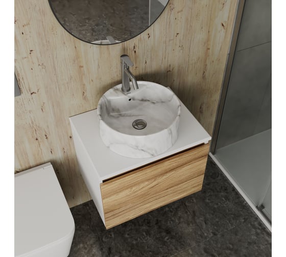 Комплект Bauedge тумба Bau Dream Blackwood 60, 1 ящик, раковина круглая накладная BAU Element D41, мрамор, смеситель Hotel Dream, нерж. сталь, выпуск клик кла BD2966