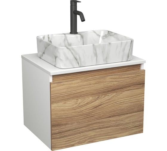 Комплект Bauedge тумба Bau Dream Blackwood 60, 1 ящик, раковина прямоугольная BAU Cerama 48х37, мрамор, смеситель Hotel Dream Black, черный матовый BD2987 1