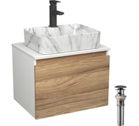 Комплект Bauedge тумба Bau Dream Blackwood 60, 1 ящик, раковина прямоугольная BAU Cerama 48х37, мрамор, смеситель Hotel Black, черный матовый, выпуск клик кл BD2993