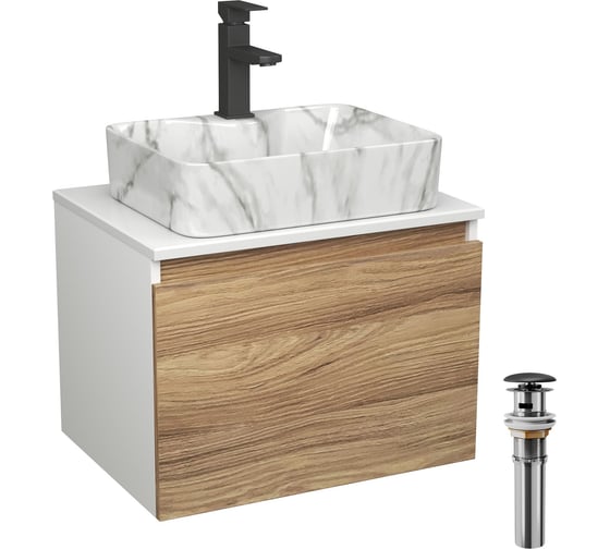 Комплект Bauedge тумба Bau Dream Blackwood 60, 1 ящик, раковина прямоугольная BAU Cerama 48х37, мрамор, смеситель Hotel Black, черный матовый, выпуск клик кл BD2993