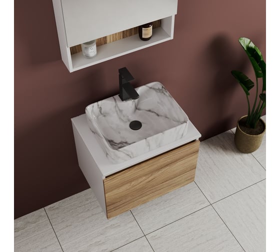Комплект Bauedge тумба Bau Dream Blackwood 60, 1 ящик, раковина прямоугольная BAU Cerama 48х37, мрамор, смеситель Hotel Black, черный матовый, выпуск клик кл BD2993