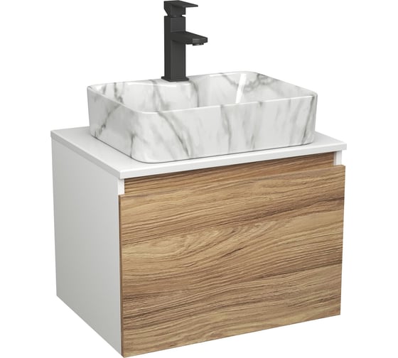 Комплект Bauedge тумба Bau Dream Blackwood 60, 1 ящик, раковина прямоугольная BAU Cerama 48х37, мрамор, смеситель Hotel Black, черный матовый BD2985 1