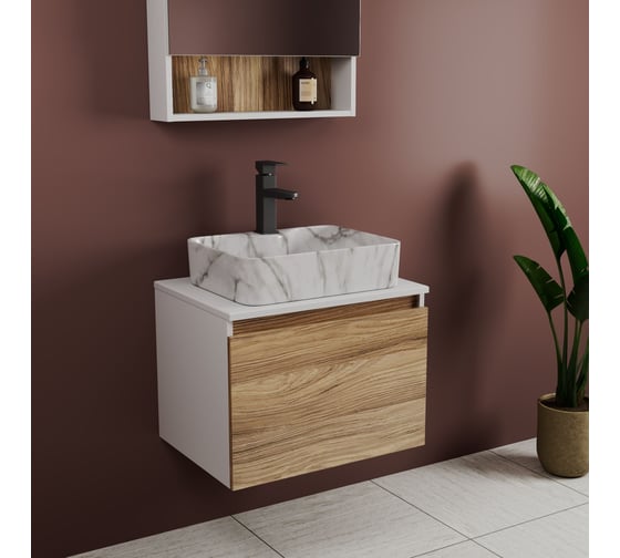 Комплект Bauedge тумба Bau Dream Blackwood 60, 1 ящик, раковина прямоугольная BAU Cerama 48х37, мрамор, смеситель Hotel Black, черный матовый BD2985