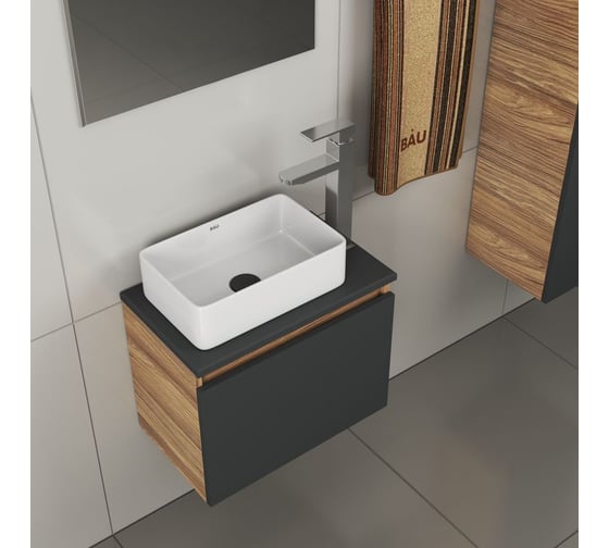 Комплект для ванной Bauedge 4 предмета (тумба Bau 50, графит + раковина BAU Hotel mini 37x23 + смеситель Hotel Still, выпуск клик-клак, черный) BD1972