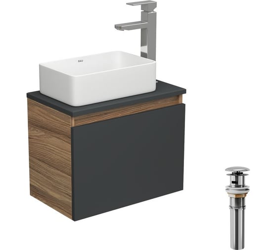 Комплект для ванной Bauedge 4 предмета (тумба Bau 50, графит + раковина BAU Hotel mini 37x23 + смеситель Hotel Still, выпуск клик-клак, хром) BD1973