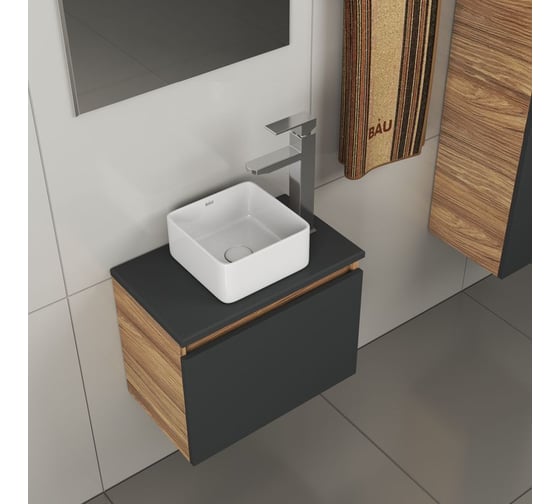 Комплект для ванной Bauedge 4 предмета (тумба Bau 50, графит + раковина BAU Hotel mini 24x24 + смеситель Hotel Still, выпуск клик-клак, белый) BD1944