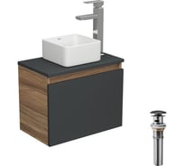 Комплект для ванной Bauedge 4 предмета (тумба Bau 50, графит + раковина BAU Hotel mini 24x24 + смеситель Hotel Still, выпуск клик-клак, черный) BD1942