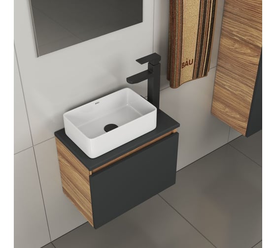 Комплект для ванной Bauedge 4 предмета (тумба Bau 50, графит + раковина BAU Hotel mini 37x23 + смеситель Hotel Black, выпуск клик-клак, черный) BD1975