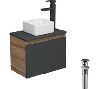 Комплект для ванной Bauedge 4 предмета (тумба Bau 50, графит + раковина BAU Hotel mini 24x24 + смеситель Hotel Black, выпуск клик-клак, черный) BD1945