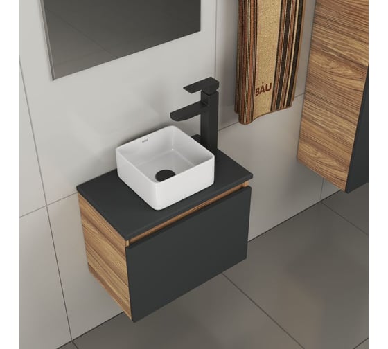 Комплект для ванной Bauedge 4 предмета (тумба Bau 50, графит + раковина BAU Hotel mini 24x24 + смеситель Hotel Black, выпуск клик-клак, черный) BD1945