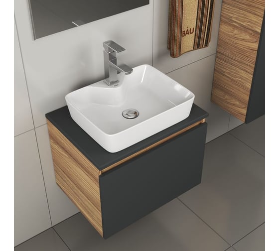 Комплект для ванной Bauedge 4 предмета (тумба Bau 60, графит + раковина BAU 48x37, с отв. под смеситель + смеситель Hotel Still, выпуск клик-клак, хром) BD2148