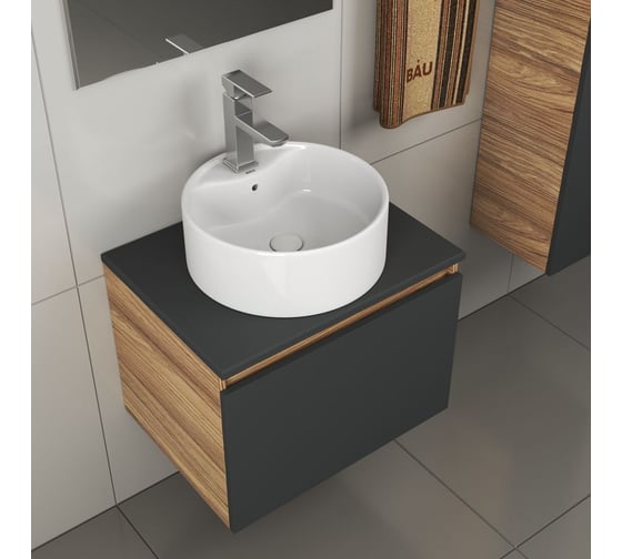 Комплект для ванной Bauedge 4 предмета (тумба Bau 60, графит + раковина BAU D40, с отв. под смеситель + смеситель Hotel Still, выпуск клик-клак, белый) BD2135