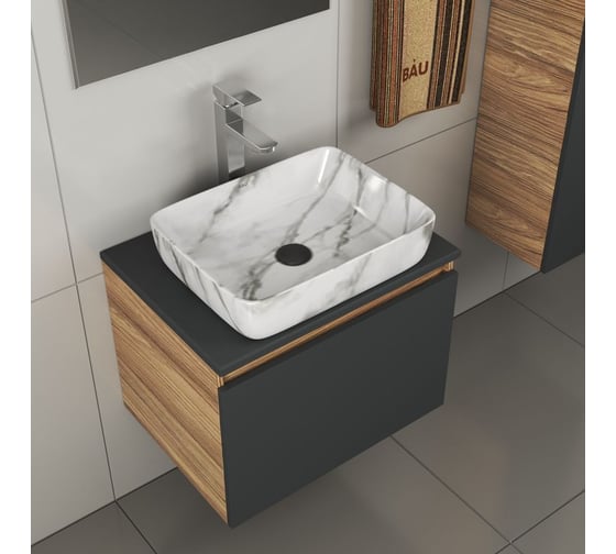 Комплект для ванной Bauedge 4 предмета (тумба Bau 60, графит + раковина BAU Hotel 51х39 + смеситель Hotel Still, выпуск клик-клак, черный) BD2092