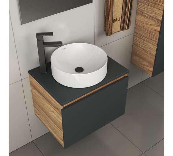 Комплект для ванной Bauedge 4 предмета (тумба Bau 60, графит + раковина BAU Dream D41 + смеситель Hotel Black, выпуск клик-клак, черный) BD2015