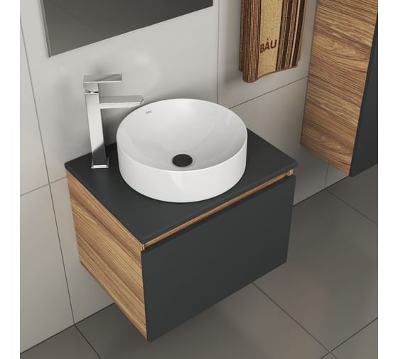 Комплект для ванной Bauedge 4 предмета (тумба Bau 60, графит + раковина BAU Dream D41 + смеситель Hotel Still, выпуск клик-клак, черный) BD2012