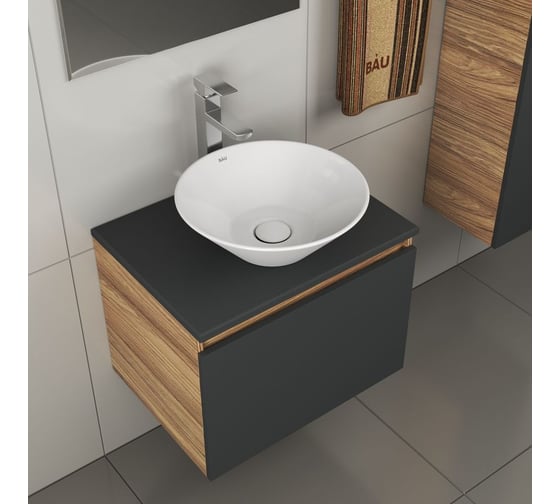 Комплект для ванной Bauedge 4 предмета (тумба Bau 60, графит + раковина BAU Dream D43 + смеситель Hotel Still, выпуск клик-клак, белый) BD2074