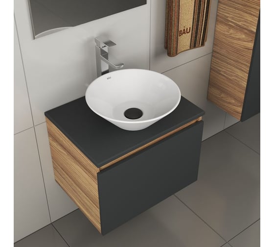 Комплект для ванной Bauedge 4 предмета (тумба Bau 60, графит + раковина BAU Dream D43 + смеситель Hotel Still, выпуск клик-клак, черный) BD2072